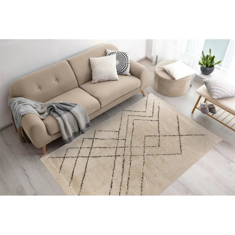 Teppich – Geometrisches Linienmuster, Creme Schwarz Design, Fransen Abschluss, 120 x 170 cm - Mylen 625 | Kayoom