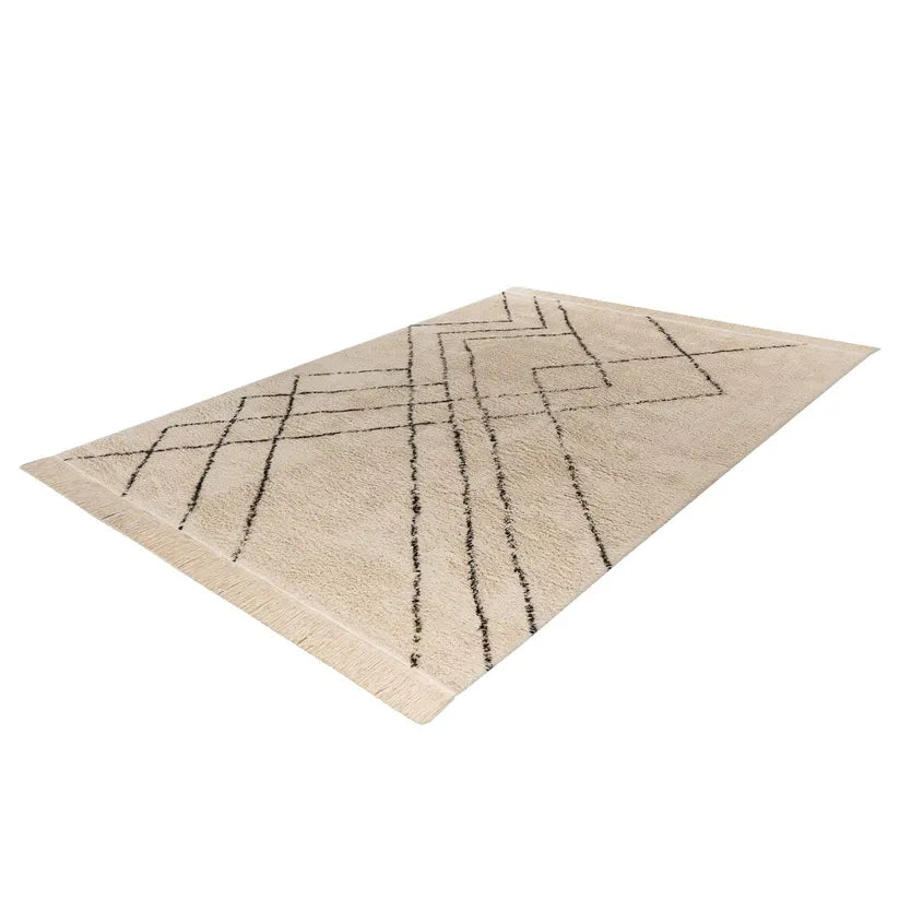 Teppich – Geometrisches Linienmuster, Creme Schwarz Design, Fransen Abschluss, 120 x 170 cm - Mylen 625 | Kayoom