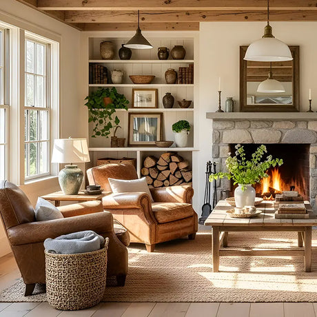 Wohnzimmer in einem Landhasusstil der Inneneinrichtung. Mit Kamin, Esstisch und 2 Sesseln 
