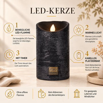 LED-Kerze – L Größe, Bewegliche Flamme, Timer-Funktion - batteriebetrieben | PTMD