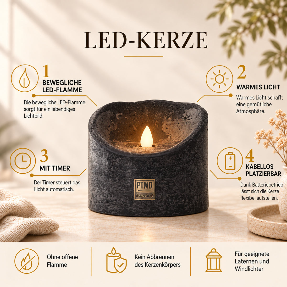 LED-Kerze – XL Größe, Bewegliche Flamme, Timer-Funktion - batteriebetrieben | PTMD