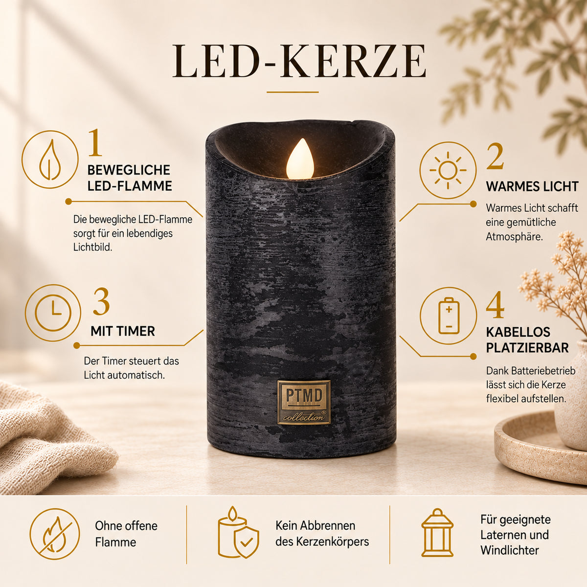 LED Candle L with moving flame and timer function - battery operated | PTMD