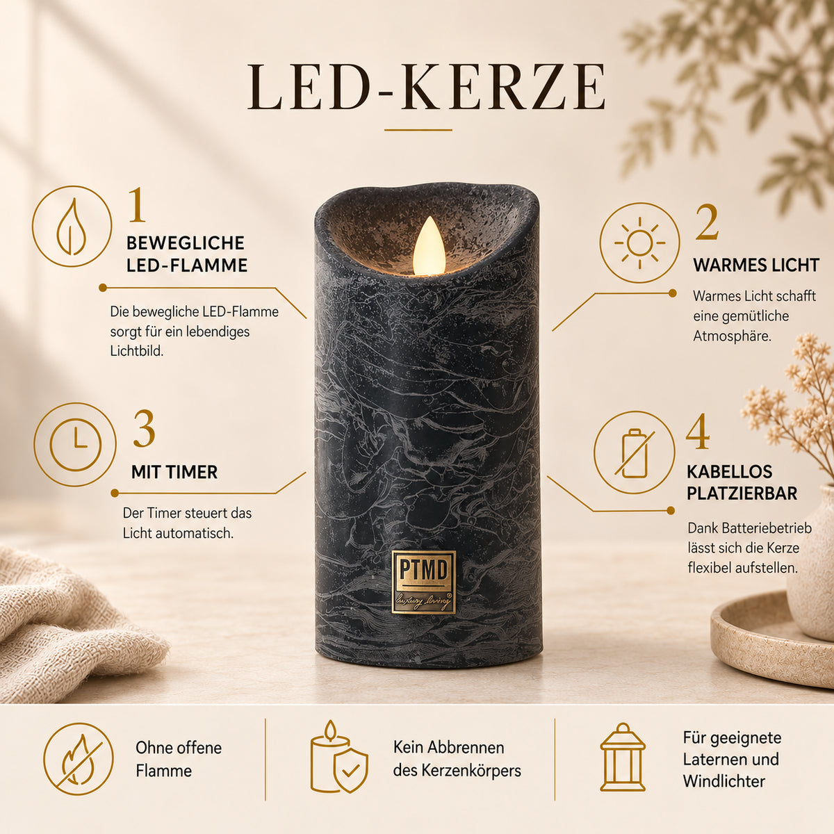 LED Candle M with Moving Flame and Timer Function - Battery Operated | PTMD