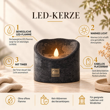 LED-Kerze – XL Größe, Bewegliche Flamme, Timer-Funktion - batteriebetrieben | PTMD