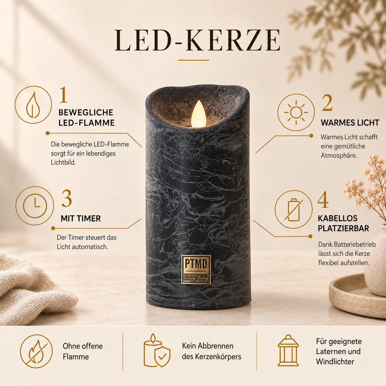 LED Candle M with Moving Flame and Timer Function - Battery Operated | PTMD
