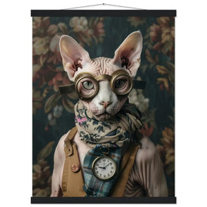 School Poster - Female Sphynx Cat, Steampunk Style, Classic Silver Watch, Bronze Glasses | St Tropez Art
