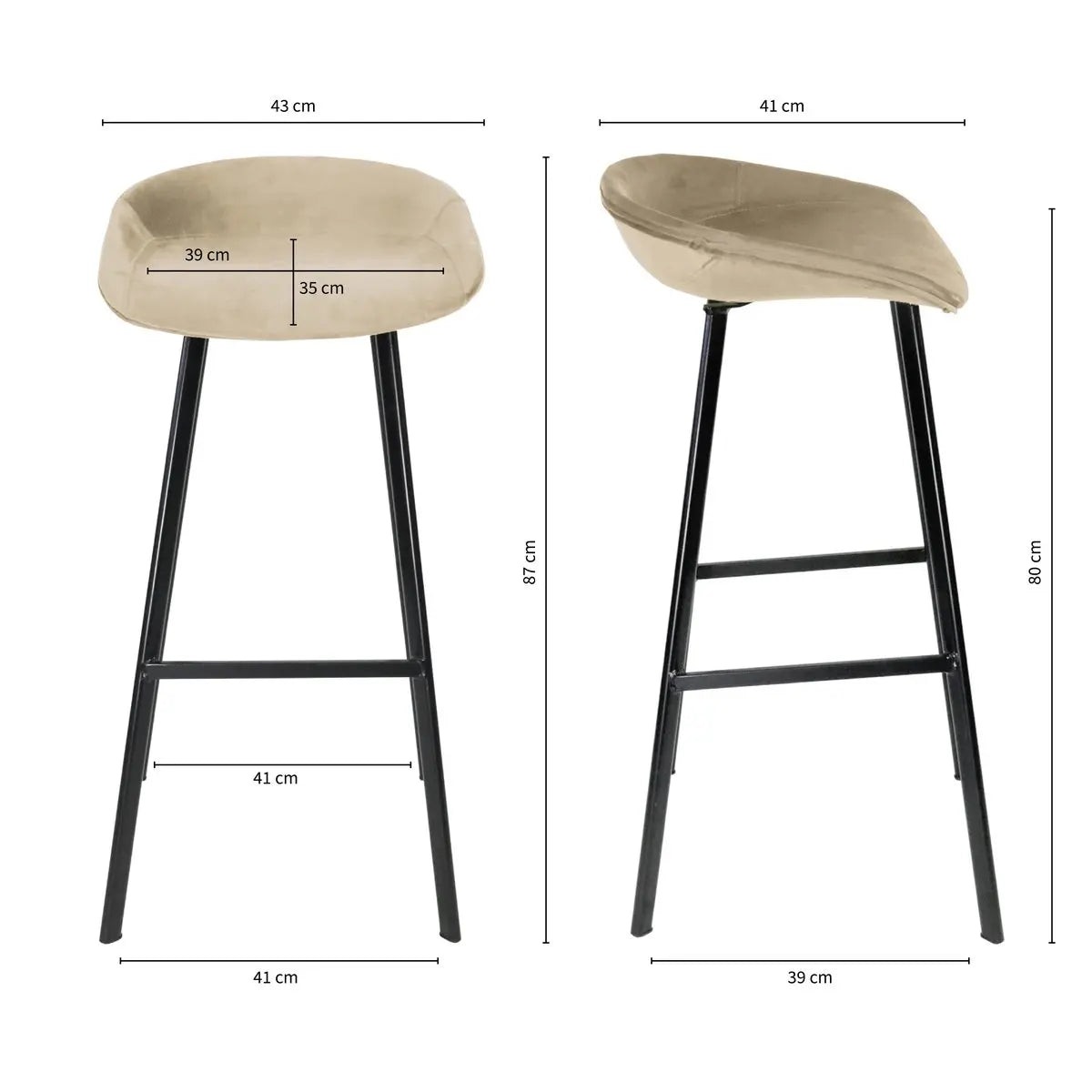 Barhocker – Champagnerfarbener Ton, Velours Sitz, Metall Fuß, 80 cm - Finn | Kick Collection