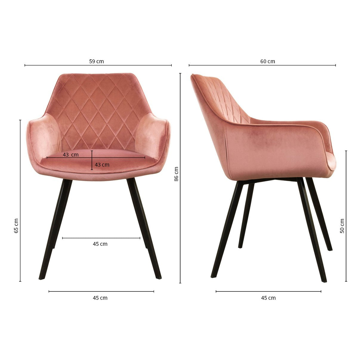 Esszimmerstuhl – Rosa Velvet Stoff, Schwarzes Metall, Rosa Farbe - Karl | Kick Collection