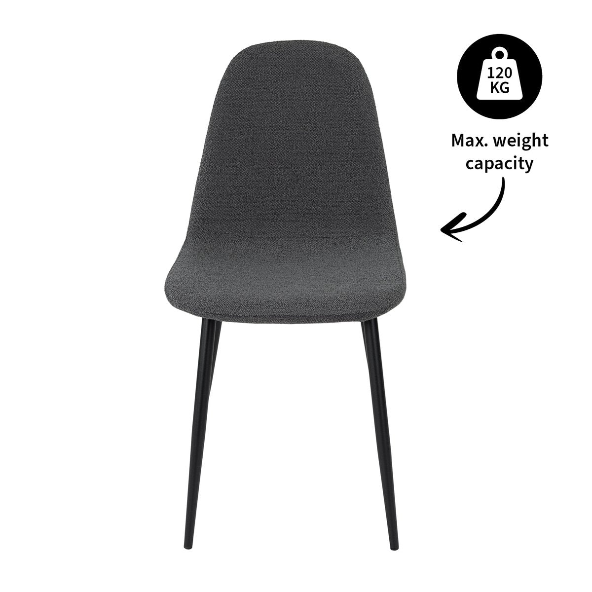 Esszimmerstuhl – Dunkelgrauer Bouclé-Stoff, Schwarzes Metall, Runde Form - Mees | Kick Collection