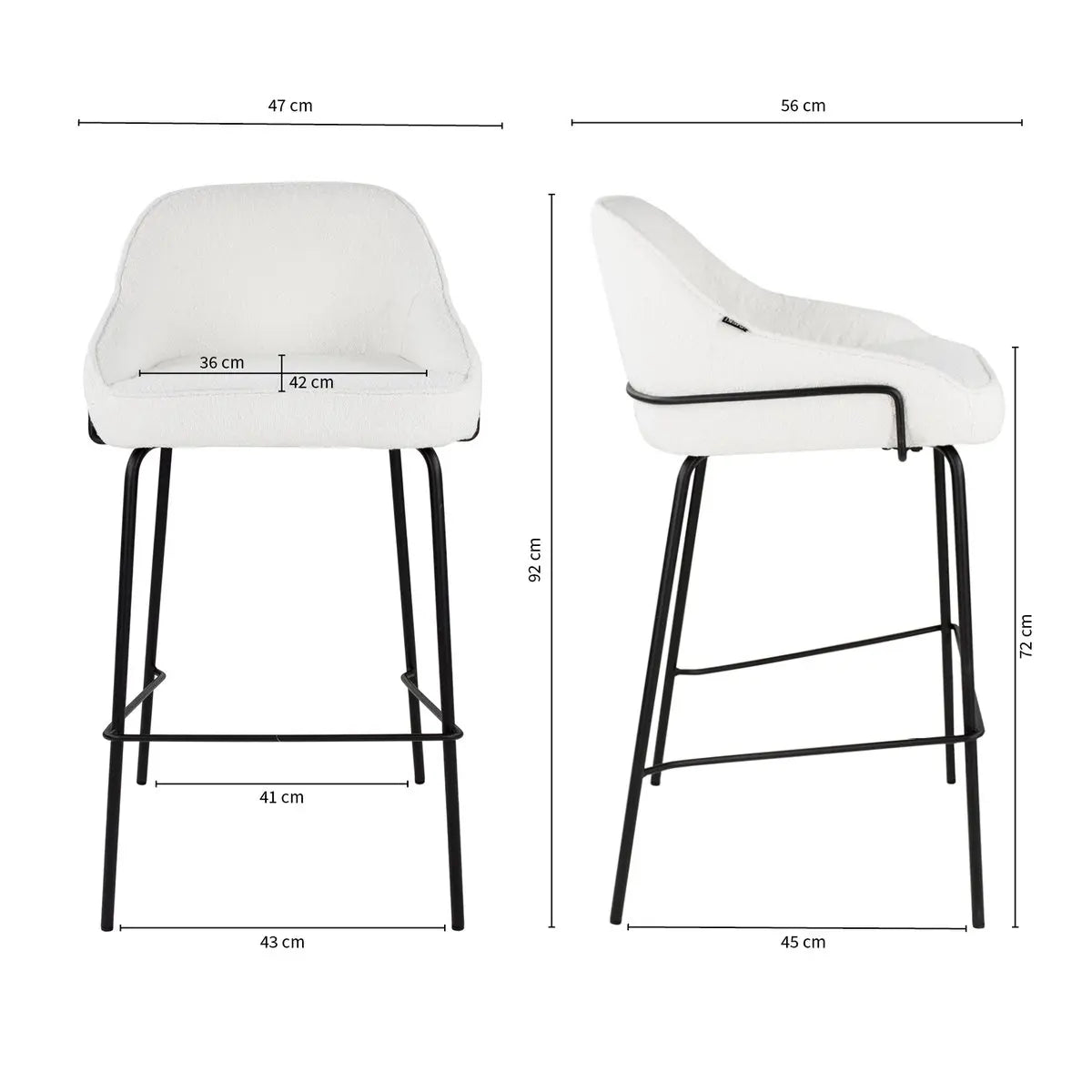 Barstuhl – Bouclé Stoff, Metallrahmen, Rückenlehne Design, Weiß - Sepp | Kick