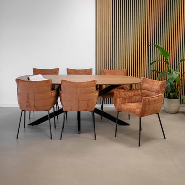Esszimmerstuhl – Terrafarbener Chenille-Stoff, Schwarzes Metall, Moderne Form - Goos | Kick Collection