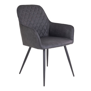 Esszimmerstuhl – Dunkelgraues PU Leder, Schwarzes Metallgestell, Ergonomische Sitzform - Harbo | House Nordic