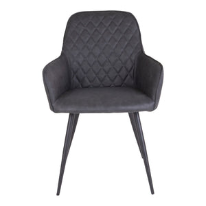 Esszimmerstuhl – Dunkelgraues PU Leder, Schwarzes Metallgestell, Ergonomische Sitzform - Harbo | House Nordic
