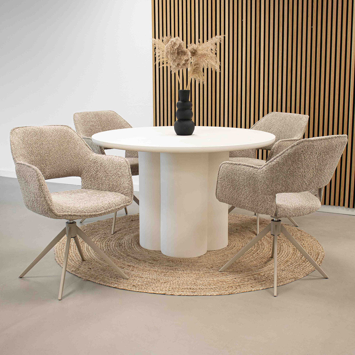 Drehstuhl – Bouclé Stoff, Taupe Metallgestell, Beige Farbe - Owen | Kick Collection