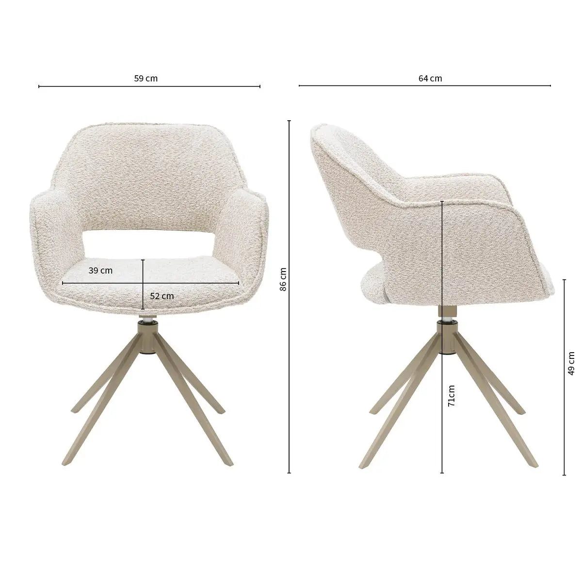 Drehstuhl – Bouclé Stoff, Taupe Metallgestell, Creme Farbe - Owen | Kick Collection