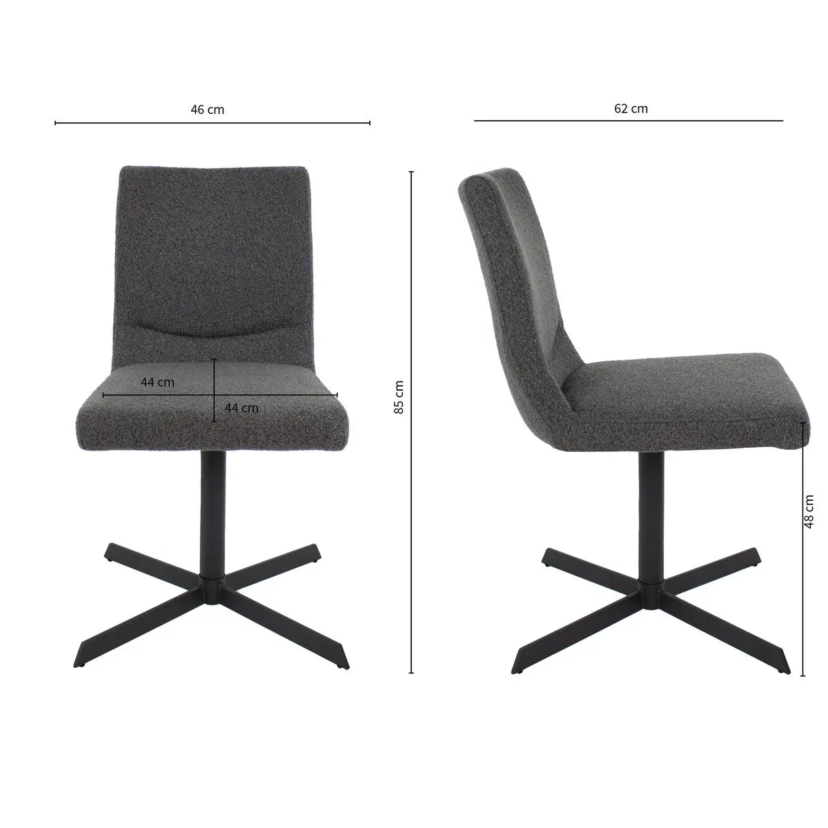 Drehstuhl – Bouclé Stoff, Metallrahmen, 360° Drehfunktion, Dunkelgrau - Sam | Kick