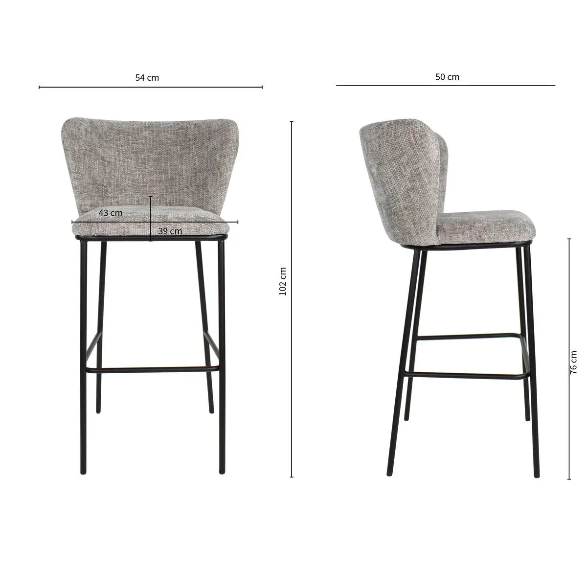Barhocker – Graue Farbe, Chenille Stoff, Breite Rückenlehne - Bo | Kick Collection
