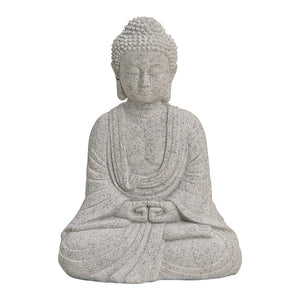 Dekofigur sitzender Buddha aus Poly in Grau mit mattierter Optik, detailreicher Skulptur-Form & stabiler Standfigur | Wurm