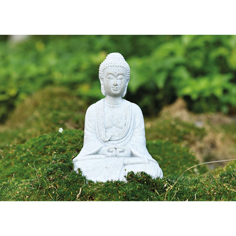 Dekofigur sitzender Buddha aus Poly in Grau mit mattierter Optik, detailreicher Skulptur-Form & stabiler Standfigur | Wurm