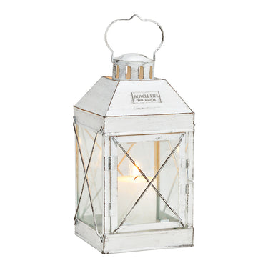 Lantern with white metal frame, clear glass panels & modern decorative style | Worm