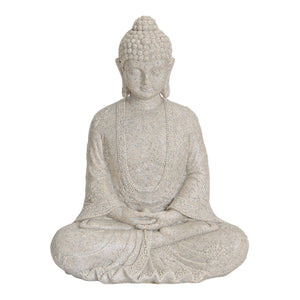 Buddha-Statue aus Poly in Beige mit matter Optik, detailreicher Skulptur-Form & freistehendem Standdesign | Wurm