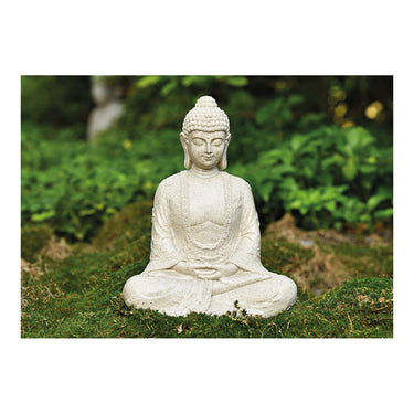 Buddha-Statue aus Poly in Beige mit matter Optik, detailreicher Skulptur-Form & freistehendem Standdesign | Wurm
