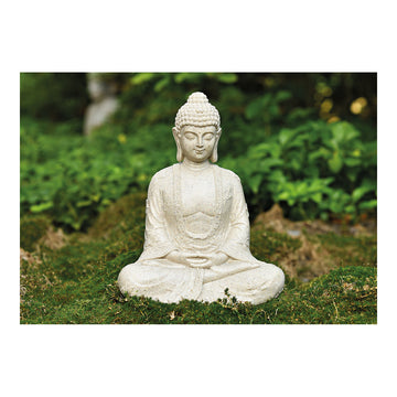 Buddha-Statue aus Poly in Beige mit matter Optik, detailreicher Skulptur-Form & freistehendem Standdesign | Wurm