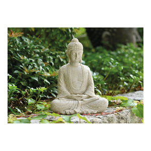 Buddha-Statue aus Poly in Beige mit matter Optik, detailreicher Skulptur-Form & freistehendem Standdesign | Wurm