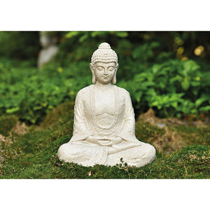 Buddha-Statue aus Poly in Beige mit matter Optik, detailreicher Skulptur-Form & freistehendem Standdesign | Wurm