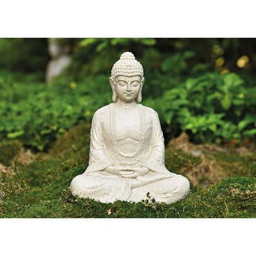 Buddha-Statue aus Poly in Beige mit matter Optik, detailreicher Skulptur-Form & freistehendem Standdesign | Wurm
