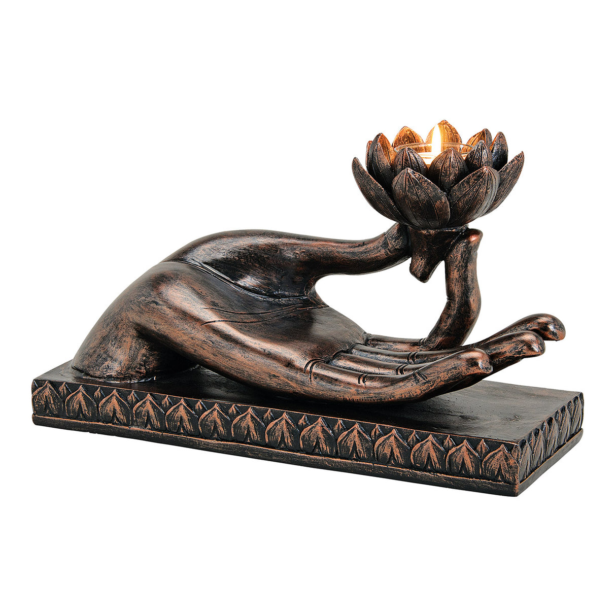 Teelichthalter aus Polyresin mit Buddha-Hand-Darstellung, warmer brauner Farbgebung und ausdrucksstarker spiritueller Symbolik | Wurm