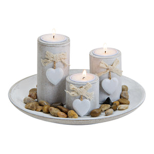 Teelichthalter 3-fach Holz-Set mit Herz-Anhänger & Dekosteinen, Weiß, Romantisches Design | Wurm