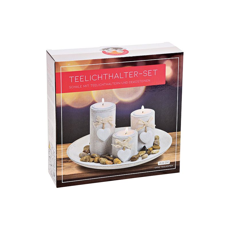 Teelichthalter 3-fach Holz-Set mit Herz-Anhänger & Dekosteinen, Weiß, Romantisches Design | Wurm
