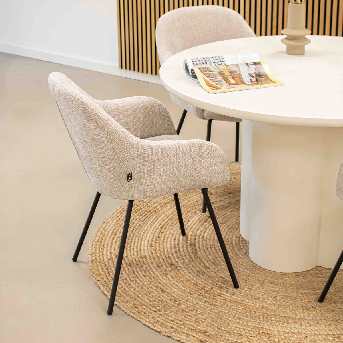 Dining Chair – Textured Fabric, Upholstery, Armrests, Taupe – Arda | Kick Collection