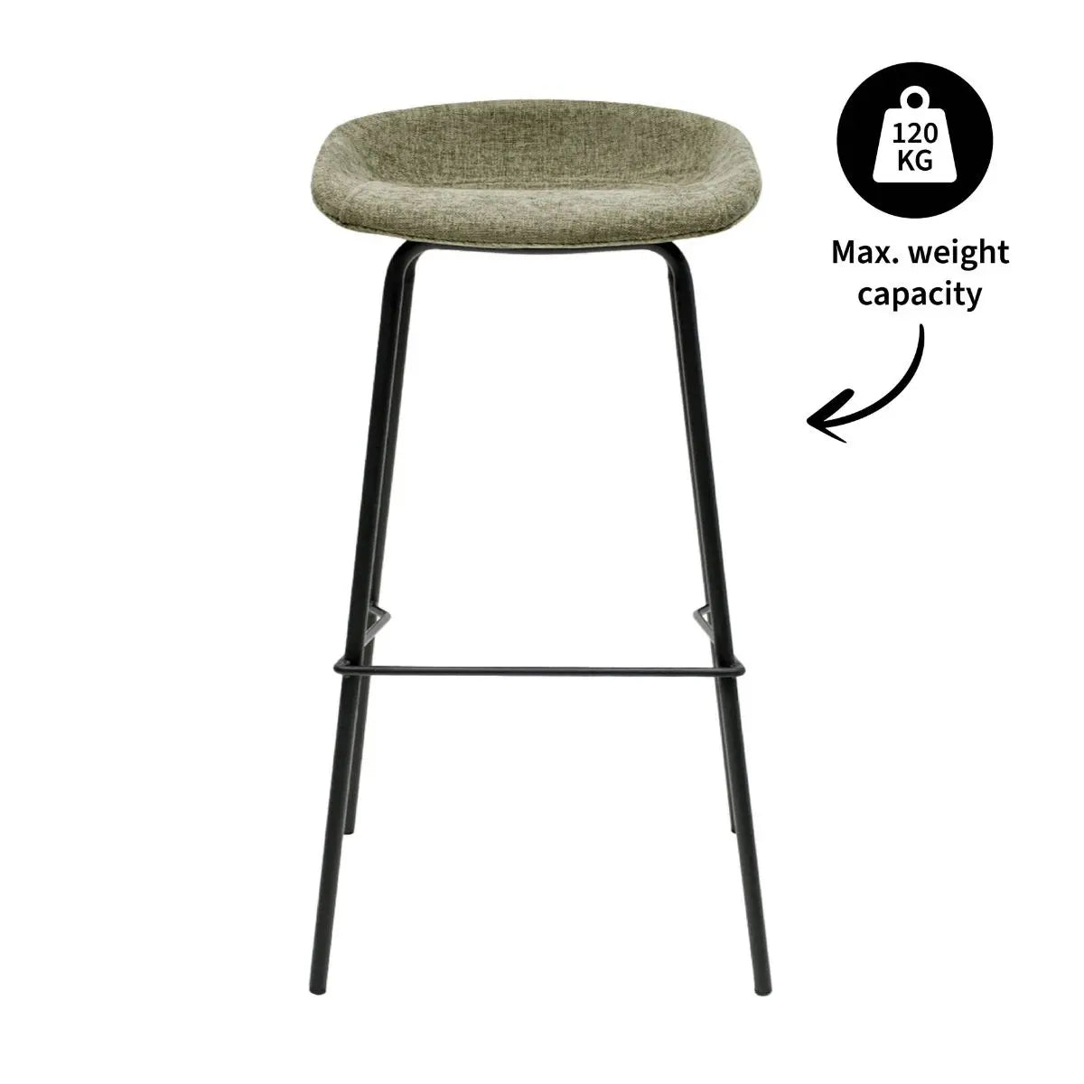 Barhocker – Strukturstoff Bezug, Schwarzes Metallgestell, Grüne Farbe, 80 cm Höhe - Riga | Kick Collection