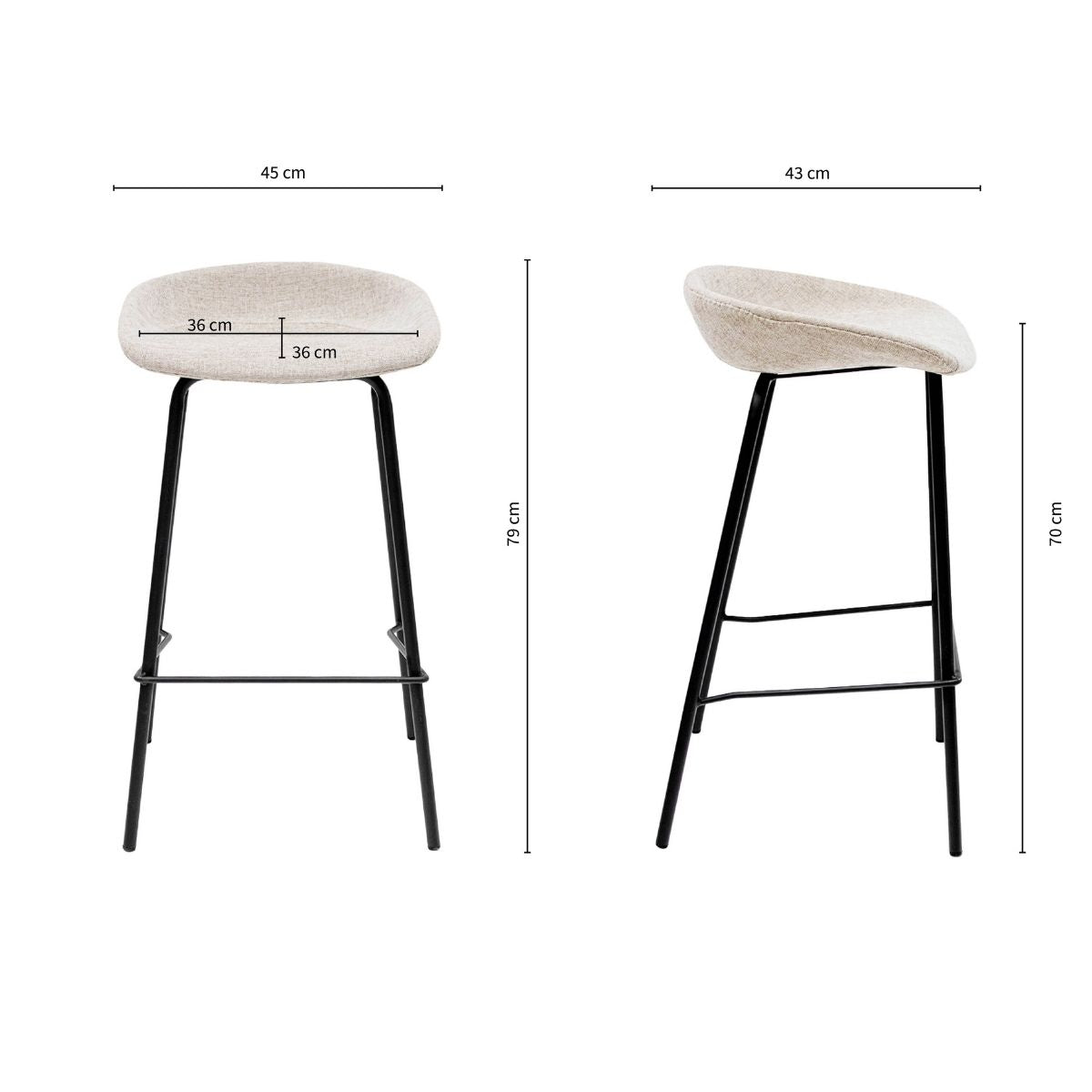 Barhocker – Strukturstoff Bezug, Schwarzes Metallgestell, Champagne Farbe, 70 cm Höhe - Riga | Kick Collection