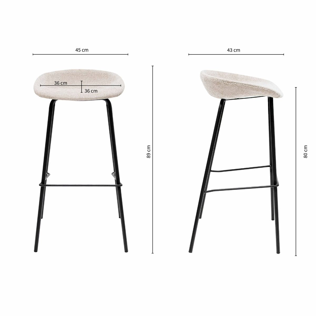 Barhocker – Strukturstoff Bezug, Schwarzes Metallgestell, Champagne Farbe, 80 cm Höhe - Riga | Kick Collection