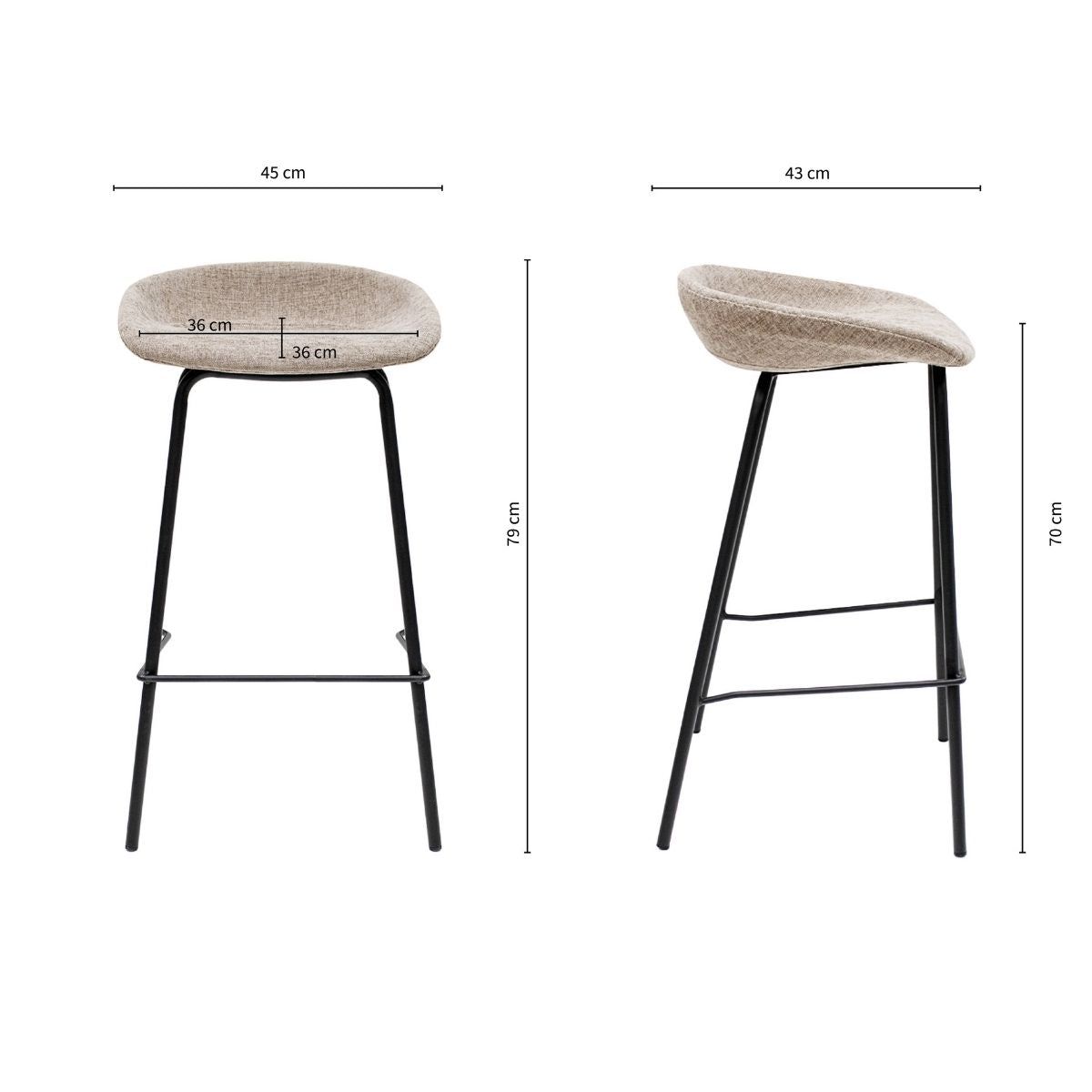 Barhocker – Strukturstoff Bezug, Schwarzes Metallgestell, Taupe Farbe, 70 cm Höhe - Riga | Kick Collection