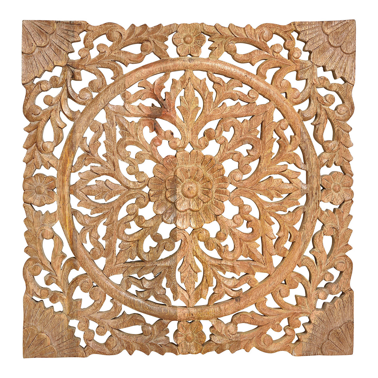 Wandbild mit Blumendekor aus Mangoholz, braunem Finish & dekorativer Struktur- Blumen | Wurm