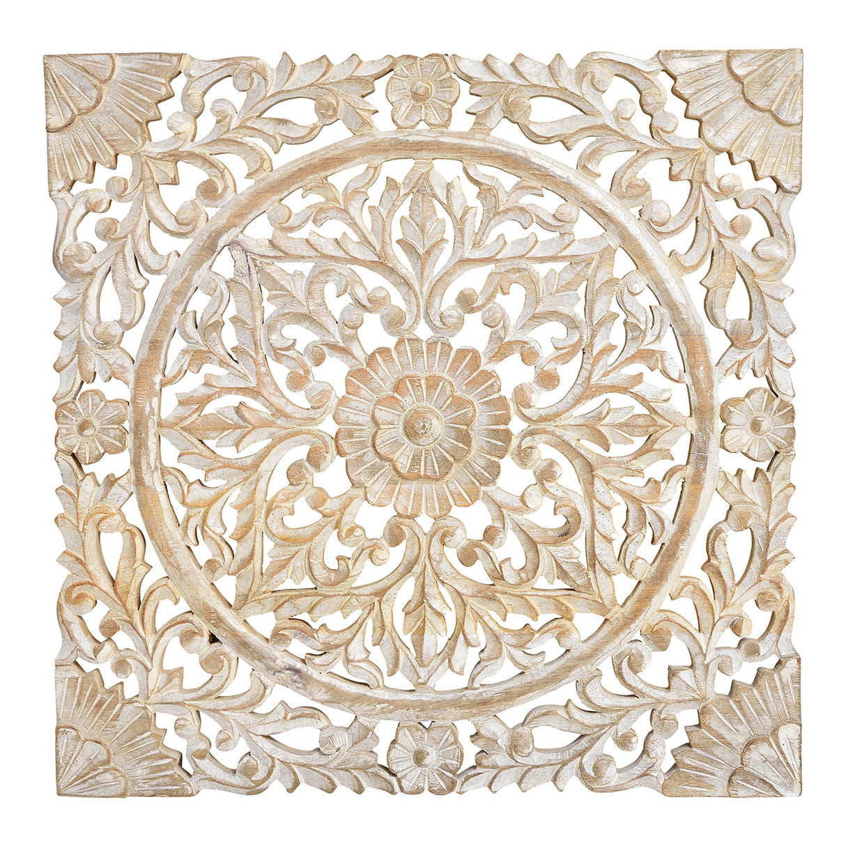 Wandbild aus Mangoholz, Weißer Rahmen, Detailreiches Blumen-Dekor – Blumen | Wurm