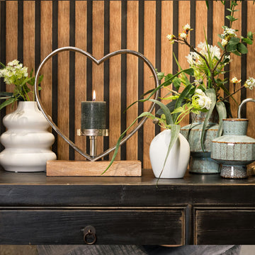 Candle holder with silver metal heart, mango wood base & decorative style | Worm