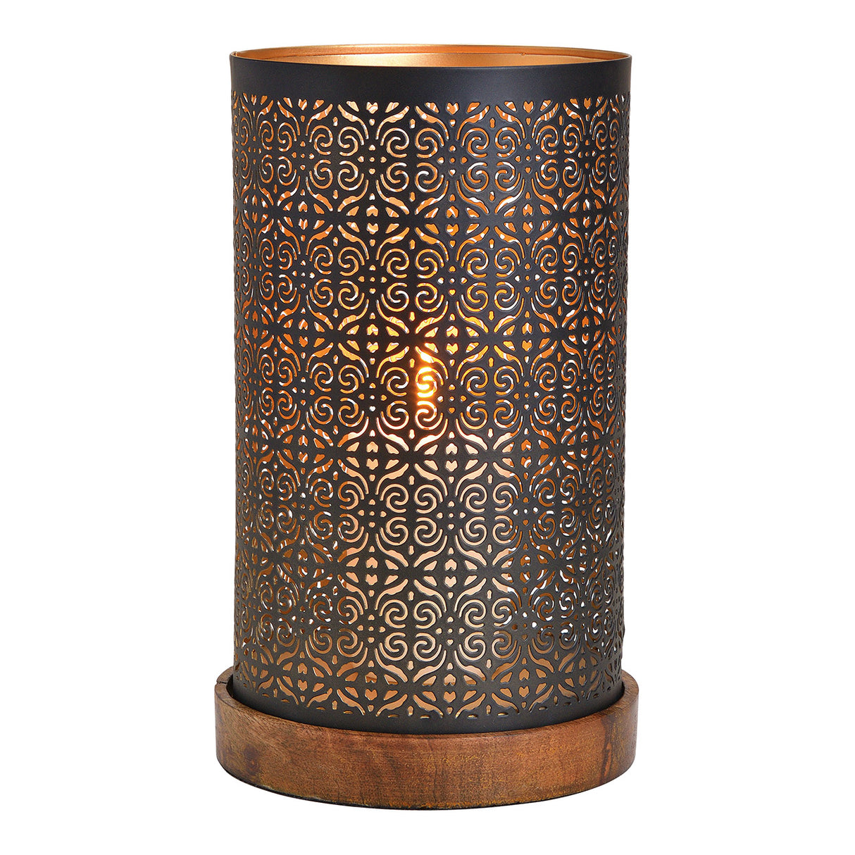 Windlicht mit schwarzem Metallrahmen, Holzsockel, offener Struktur & dekorativem Design  | Wurm