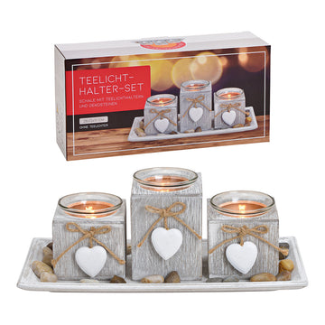 Tealight Holder Set made of Pine Wood & Glass, White, With Heart Charm | Wurm