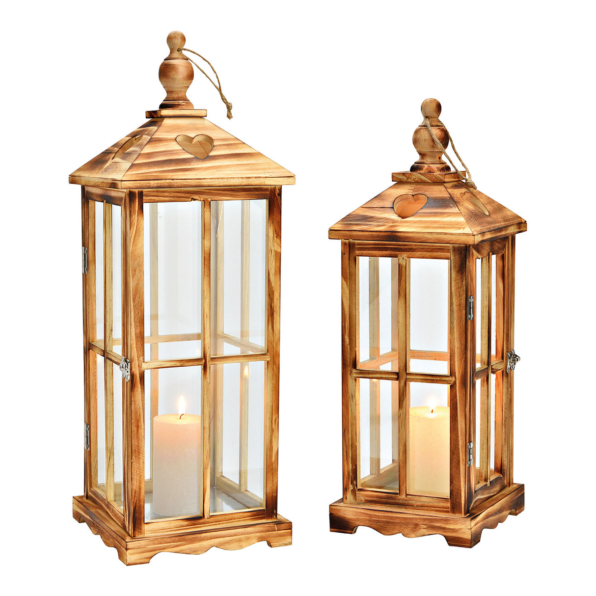 Laternen-Set (2er) aus Holz & Glas mit braunem Finish & dekorativem Stil | Wurm