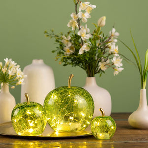 Dekoobjekt Apfel mit 20 LEDs hellgrünem Glas Timer-Funktion & stimmungsvollem Licht | Wurm