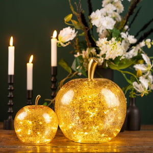 Dekoobjekt Apfel mit 20 LEDs goldfarbenem Glas Timer-Funktion & stimmungsvollem Licht | Wurm