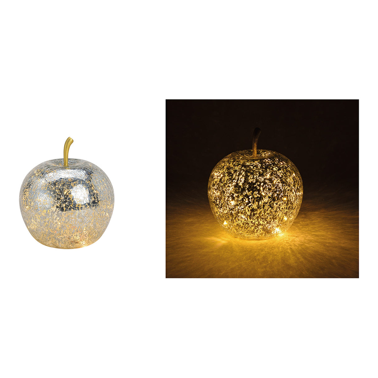 Dekoobjekt Apfel aus silberfarbenem Glas mit 20 warmweißen LEDs, integrierter Timerfunktion und eleganter Lichtwirkung | Wurm