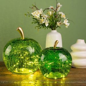 Dekoobjekt Apfel mit 30 LEDs dunkelgrünem Glas Timer-Funktion & stimmungsvollem Licht | Wurm