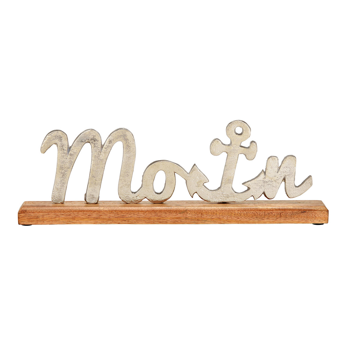 Aufsteller Schriftzug „Moin“ mit maritimem Dekor aus Mangoholz & Metall silber-braunem Finish | Wurm