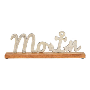 Aufsteller Schriftzug „Moin“ mit maritimem Dekor aus Mangoholz & Metall silber-braunem Finish | Wurm